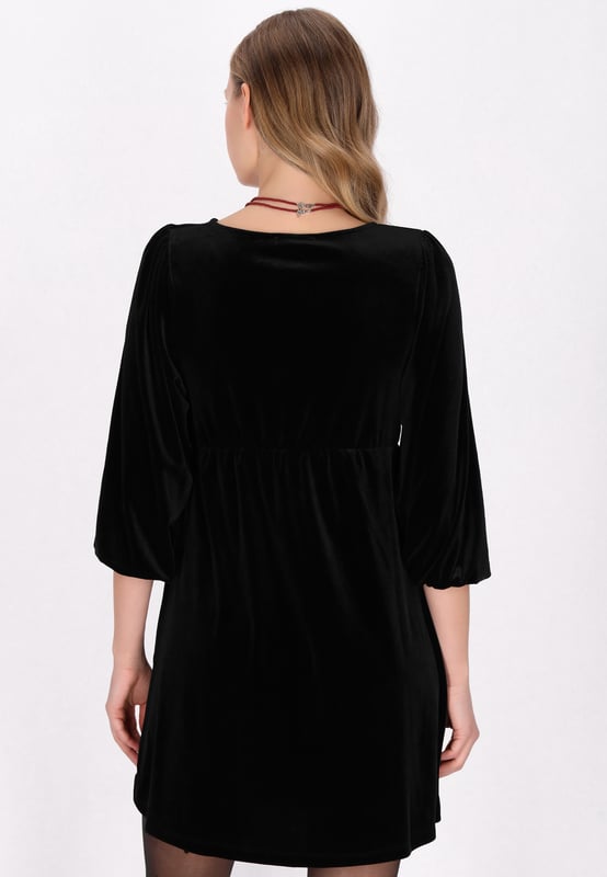 Step into style with this babydoll dress, crafted from luxurious velvet for a plush feel. It showcases a round neck and 3/4 puff sleeves that add charm to your look. The elastic waist creates delicate gathering, enhancing the festive vibe. Ideal for Christmas or any event. This mini dress offers effortless elegance in a plain pattern. This article is a part of the Mini Dress Collection.  Kleid