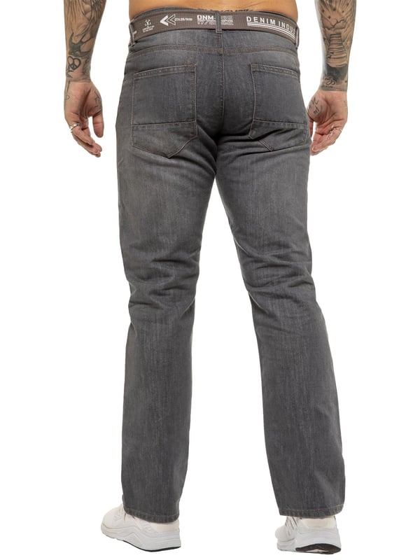 Enzo Mens Regular Fit Jeans. Free Belt Included (Belt colour may vary). 5 Pockets including the Coin Pocket. Branded Buttons and Rivets. Midrise Zip Fly Fastening.(EZ399)