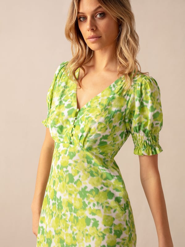 green emerald velvet dress Green Floral Print Square Neck Shirred Waist Tiered Ruffled Mini Dress   Sofia Jewelry llc