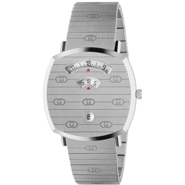 Brand: Gucci Collection: Grip Model Number: YA157410 Case Diameter: 38mm Case Material: Stainless Steel Strap Material: Stainless Steel Dial: Stainless Steel Face with Windows Water Resistance: 30 meters Movement: Quartz