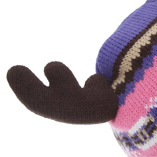 FLOSO childrens beanie hat with fairisle pattern and moose antler details. Fleece lined inner. Available in two colours. Shell: 100% Acrylic, Lining: 100% Polyester.