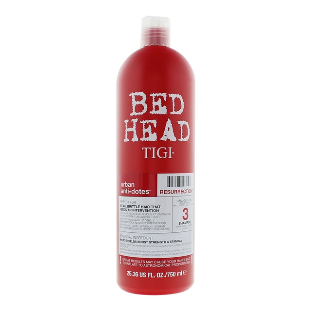 Tigi Bed Head Resurrection Damage Level 3 brings weak ,  brittle hair back to life with this powerful moisture packed shampoo. Enriched with micro shields to boost hair strength and stamina is a first step to recovery.