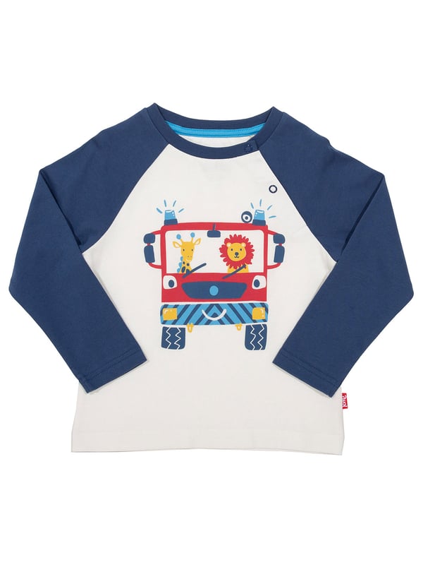 The sirens are calling! Celebrating a vital sector of our emergency services, our cream t-shirt is versatile and soft. The fun fire engine t-shirt is made with 100% organic cotton with navy raglan style sleeves and snap popper opening along the seam.