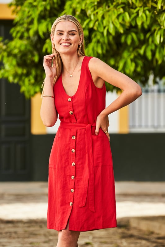 chinese dress ladies MILIO Milano Red Flame Linen Pinstripe Shirt Dress Medium