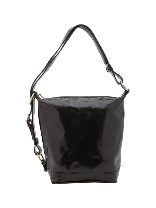 Bolso tipo bombonera para mujer. El cierre es con cremallera. Los bolsillos internos son uno con cremallera. Los bolsillos externos están ausentes. La bandolera es ajustable en piel. Falta el mango. Hay un compartimento interno. El material exterior es auténtica piel de vacuno. Internamente está forrado en algodón. Medidas: 34x33x15 cm. Hecho en Italia