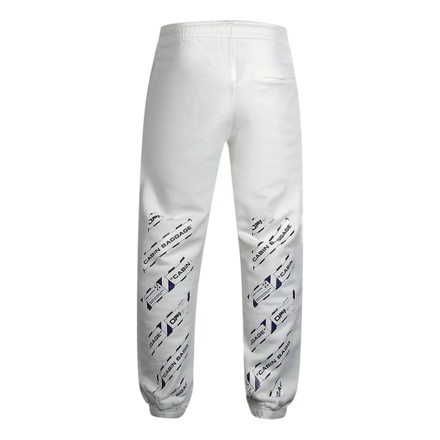 Off-White-weiße Jogginghose, Off-White-Markenlogo am linken Bein, elastische Taille und Bündchen, Marker-Signatur-Markendesign, Airport-Tape-Streifen an den hinteren Unterschenkeln. 100 % Baumwolle, hergestellt in Portugal, weiße Jogginghose