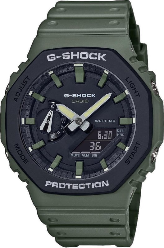This Casio G-shock Analogue-Digital Watch for Men is the perfect timepiece to wear or to gift. It's Green 44 mm Round case combined with the comfortable Green Plastic watch band will ensure you enjoy this stunning timepiece without any compromise. Operated by a high quality Quartz movement and water resistant to 20 bars, your watch will keep ticking. Fashionable Sporty Design, Perfect for all kind of sports, indoor and outdoor activities or daily use -The watch has a Calendar function: Day-Date, Stop Watch, Worldtime, Countdown, Alarm, Light High quality 21 cm length and 22 mm width Green Plastic strap with a Buckle Case diameter: 44 mm,case thickness: 11 mm, case colour: Green and dial colour: Black