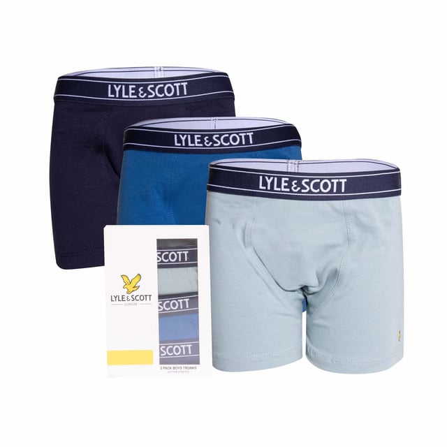 Boys Lyle And Scott Chadwick 3 Pack Trunks in Multicolor.- Branded elasticated waistband.- Stretch.- 95% Cotton, 5% Elastane. Ref: CHADWICKB121.