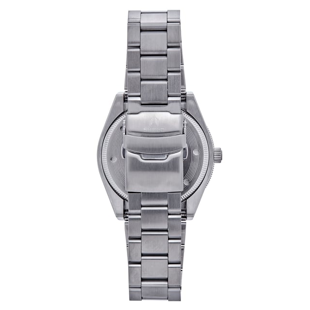 Band Color: Silver Stainless Steel; Band Width: 24mm near case; 20mm near clasp/buckle; Bezel Color: Silver; Case: Silver + Circle-Shaped; Case Finish: Brushed + Stainless Steel; Case Thickness: 13mm; Case Width: 46mm; 49mm with Crown; Clasp / Buckle: Fold Over Push Button Deployment; Dial: Black + Analog; Hand Color: Gold; Movement: Swiss + Quartz; Time Zones: Single; Water Resistance: 20 ATM.