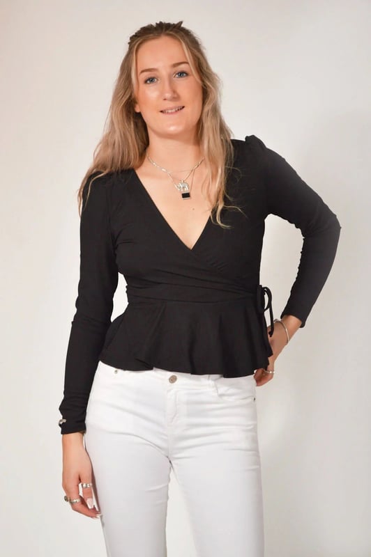 Wear day-to-night, this wrap top is the ultimate day to evening piece that never goes out of style. With an elegant gathered puff shoulder, fine rib detailing, this item will be a regular go to.  Sizing: As expected Length: 23" Shoulder to Hem