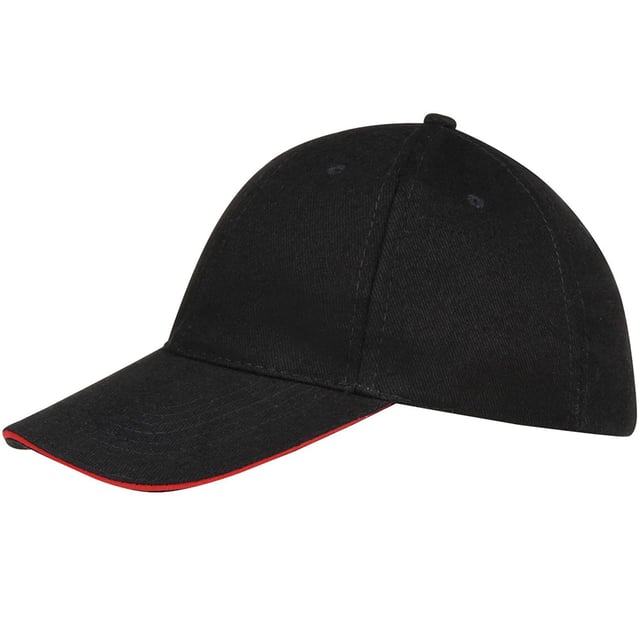 6 panel. Six ventilation eyelets. Size adjuster with metal buckle. Contrast sandwich peak on certain colours. Material: 100% thick brushed cotton. One size.
