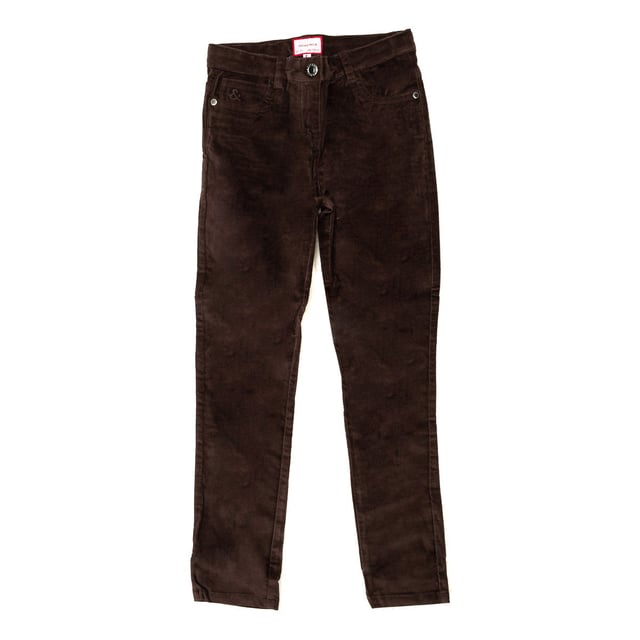 Long suede pants.
 Waistband with belt loops.
 Adjustable waistband with internal elastic.
 Button and zipper closure.
 Open pockets on the front.
 Open pocket on the back.
 Embroidered details on the back pockets.
 Composition: 98% Cotton.-2% Elastane.
 Care:
- Wash at max. 30ºC.
 - Do not use bleach.
 - Iron at low temperature.
 - Supports dry cleaning.
 - Do not use dryer.