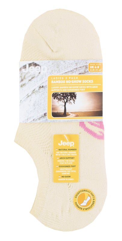 Introducing the Ladies' Jeep Bamboo No Show Socks - a triple pack of comfort, style, and functionality. Crafted from a luxurious blend of 83% Viscose from Bamboo, 14% Polyester, and 3% Elastane, these socks offer an exceptional softness and breathability. The low ankle cut ensures a near-invisible look with various shoe styles and trainers.Enjoy the benefits of arch support and non-slip heel grips, providing a secure and comfortable fit throughout the day. The socks feature standard toe seams and low, slim cuffs for a sleek appearance. With a breathable mesh upper, damp, warm air easily escapes, leaving your feet cool and fresh.These bamboo socks are not only absorbent but also draw moisture away from your skin, keeping it dry and comfortable. Bamboo's natural properties regulate temperature, making these socks ideal for any season. They are machine washable at 40° for easy care.The socks come in a pack of three, featuring plain uppers with mixed color Jeep logos woven into the soles. The soles are padded with protective, heavyweight terry loop cushioning, offering optimal comfort and impact absorption during everyday activities.Experience the versatility and convenience of the Ladies' Jeep Bamboo No Show Socks - perfect for daily wear, sports activities, or casual outings. Treat your feet to the best with these lightweight, cool, and soft bamboo socks!