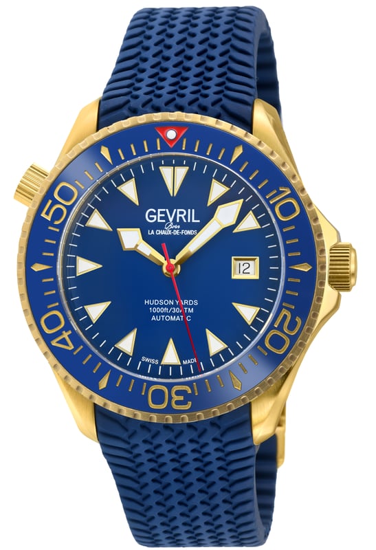 Gevril 48804R Men's Hudson Yards Automatic Watch

Gevril Men's Swiss Automatic Watch from the Hudson Yards Collection
43mm Stainless Steel Case IPYG Blue Ceramic Ring, Blue Dial, date at 3 o'clock
Unidirectional Rotating bezel, Screw down helium release valve, Luminous Markers
Exhibition Case back, Screw Down Crown
Genuine Blue Rubber Strap with Tang Buckle
Anti-reflective Sapphire Crystal
Water Resistant to 300 Meters/30ATM
Swiss Automatic 3 Hands, SW200 Movement