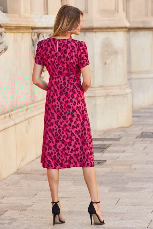 Hot Pink Animal Printed Ruched Sleeve Midi Dress