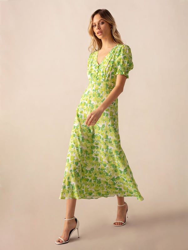green emerald velvet dress Green Floral Short Sleeve Midi Dress - All Dresses