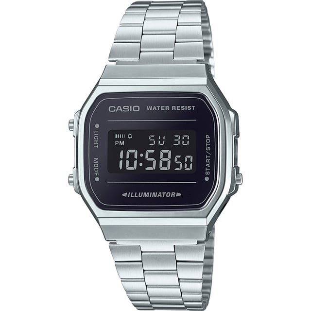 This Casio Casio Retro Digital Watch for Unisex is the perfect timepiece to wear or to gift. It's Silver  Square case combined with the comfortable Silver Stainless steel watch band will ensure you enjoy this stunning timepiece without any compromise. Operated by a high quality Quartz movement and water resistant to 3 bars, your watch will keep ticking. This is a perfect sporty and casual watch for you, it's a great gift for family or friends -The watch has a calendar function: Day-Date, Stopwatch, Alarm, Light High quality 19 cm length and 15 mm width Silver Stainless steel strap with a Fold over clasp Case diameter: 35 mm,case thickness: 9 mm, case colour: Silver and dial colour: Black
