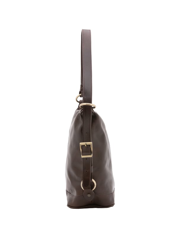 Damen-Beuteltasche mit Reißverschluss. eine mit Reißverschluss-Innentaschen. fehlende Außentaschen. verstellbarer Schultergurt aus Leder. fehlender Griff. ein Innenfach.  Außenmaterial. Innen mit Baumwolle gefüttert. Maße: 34x33x15 cm. Hergestellt in Italien
