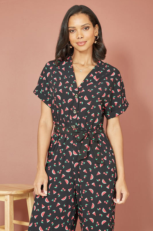 Illusion Neckline 3/4-Length Sleeve Jumpsuit Watermelon
