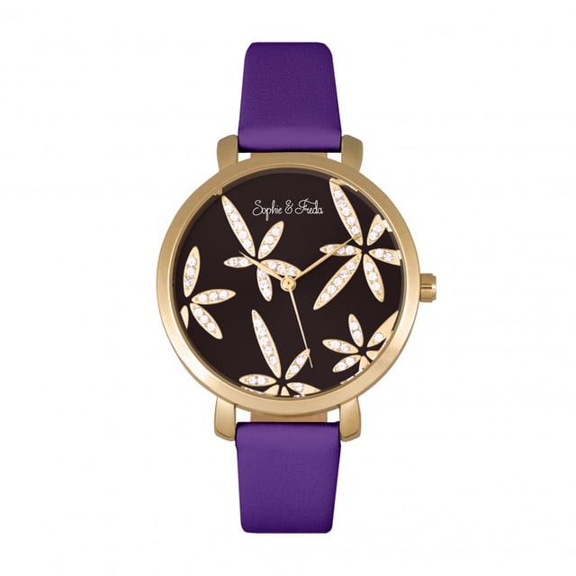 Polished Alloy Case; Precision Japanese Quartz Movement; Non-Glare Scratch-Resistant Mineral Crystal; Swarovski Crystals on Dial; Logo Engraved Stainless Steel Caseback; Genuine Leather Strap; Logo-Engraved Stainless Steel Clasp; 35mm Case Diameter; 3ATM Water Resistance;