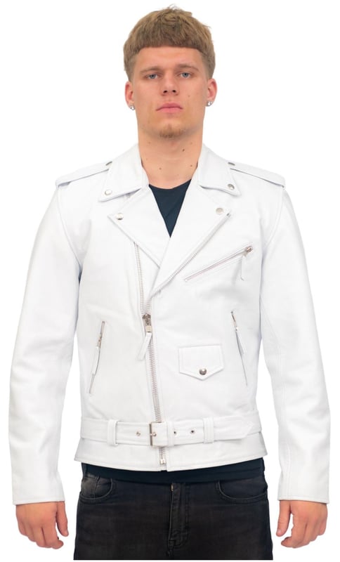 Esta elegante chaqueta Brando se caracteriza por su cremallera YKK descentrada en la parte delantera, que se combina con solapas anchas con muescas. El estilo de la chaqueta se realza con las hombreras con tachuelas en los hombros y los puños con cremallera, que también ofrecen un ajuste más personalizado. Un cinturón de piel de vaca se ajusta a la cintura para una mayor capacidad de ajuste y el forro y el exterior están equipados con bolsillos con cremallera y tachuelas para mayor comodidad. En una gama de colores que se adapta a todos los estilos y gustos, esta pieza icónica es tan versátil como elegante. • Chaqueta de piel de vaca de primera calidad en el estilo clásico de Brando • Puños con cremallera • Diseño cómodo y ajustado • Cremallera YKK asimétrica en la parte delantera • Compartimentos exteriores con cremallera y tachuelas • Cinturón ajustable • Bolsillo inclinado en el pecho con cremallera • Bolsillos integrados en el forro de la chaqueta • Solapa ancha con tachuelas