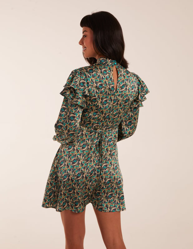 Satin Ruffle Sleeve High Neck Swing Mini Dress