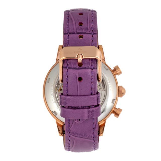 316L Chirurgisch Kwaliteit RVS Kast; Jeweled Automatisch Uurwerk; Juweel Lagers: 22 Juwelen; 36-Uur Energiereserve; Beats per Hour (BPH): 21600/Uur; Saffier-gecoate Mineraalglas; Skeleton Wijzerplaat; Observatiekastje om het Uurwerk te bekijken; Kristallen Surround Bezel; Echt Leer Crocodille-Embossed Band; Logo-gegraveerde RVS Sluiting; Luminiserende Wijzers; Luminiserende Indexen; Dag Sub-Wijzerplaat; Datum Sub-Wijzerplaat; 24-Uur Sub-Wijzerplaat; 38mm Diameter; 3 ATM Waterdichtheid;