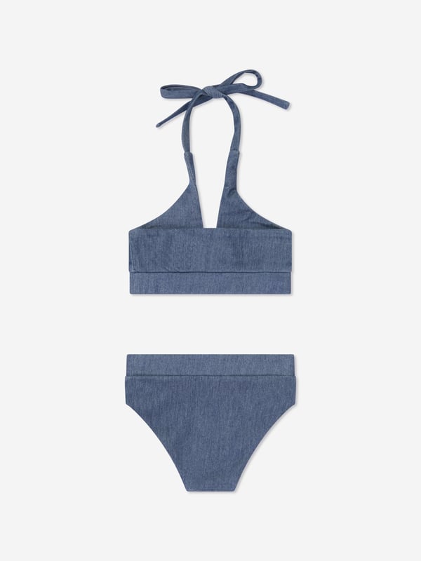 Take poolside cool to another level with this girls blue halterneck bikini set from AY by Ayla. The denim-style set leaves am impression when making a splash. An elasticated band across the hem and waistband ensures a comfortable fit for free and easy movement. 2 Piece Set Halterneck Tie Fastening Elasticated Trims