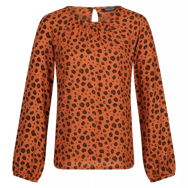100% Viscose. Fabric: Soft Touch, Woven. Design: Animal Print. Fastening: Button. Cuff: Buttoned, Gathered. Hem: Curved. Neckline: Flattering, Round Neck. Back Style: Keyhole. Sleeve-Type: Long-Sleeved. Fit: Relaxed Fit. Gathered Back. Fabric Technology: Lightweight.