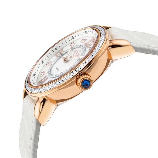 GV2 9263 Reloj Bari esmaltado de cuarzo suizo con diamantes Reloj GV2 para mujer de la colección Bari Caja cuadrada IPRG de acero inoxidable 316L de 37 mm, bisel esmaltado blanco Esfera MOP blanca, 4 diamantes a las 12:00, anillo con corte de diamante marrón claro a las 6:00 Push Pull Corona estriada con piedra de cabujón azul Correa de cuero genuino de gamuza italiana con hebilla de espiga Cristal de zafiro antirreflectante Resistente al agua hasta 50 metros/5 ATM Movimiento de cuarzo suizo Ronda 1069