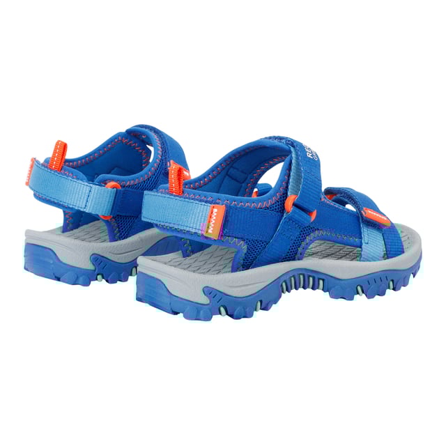 Regatta Blaze sandalen voor kinderen (Olympisch Blauw/Tango) Boven: Netwerk, synthetisch. Voering: Synthetisch. Binnenzool: Verstevigd. Buitenzool: Synthetisch. Ademend, Lichtgewicht, Treklipje, Schokabsorberend. Vlakke. Ontwerp: Contrasterende details, Logo. Teenstijl: Open. Zoolkenmerken: Duurzaam. Bevestiging: Haak en Lijn Riem.
