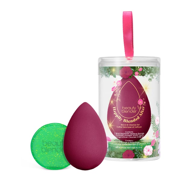 HAPPILY BLENDED AFTER - Is a true seasonal favorite! The festive packaging with the eye catching hot pink ribbon is comprised of a limited-edition burgundy blender sponge and a cleanser, making it a perfect gift or a stocking filler.