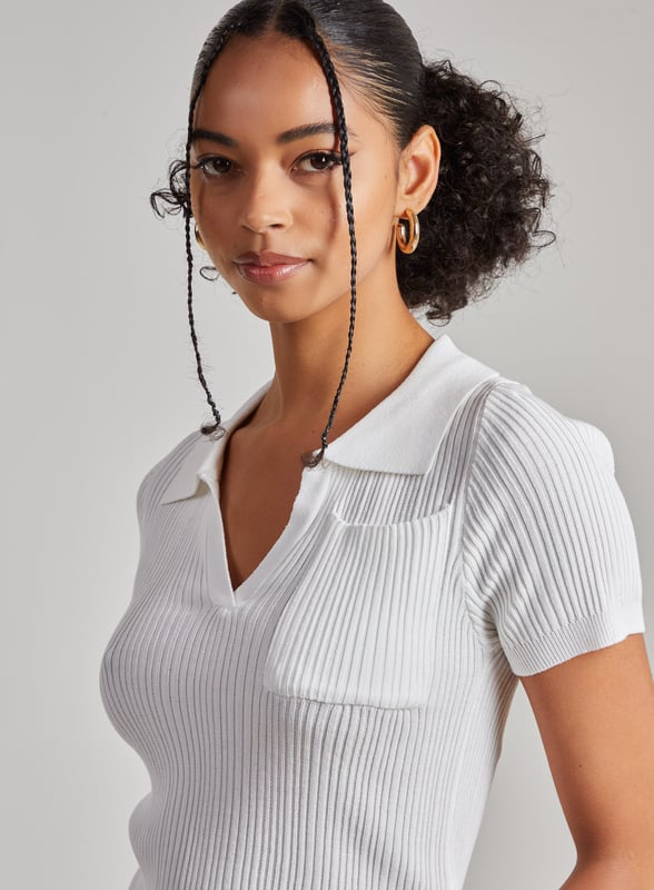 Short Sleeve Striped Collared Polo Sweater Top