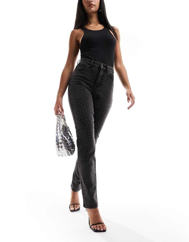 ONLY Emily high waisted rhinestone detail straight leg jeans in washed black Jeans by Only Denim that does the talking Straight fit High rise Belt loops Five pockets Diamante embellishmentSold By: Asos