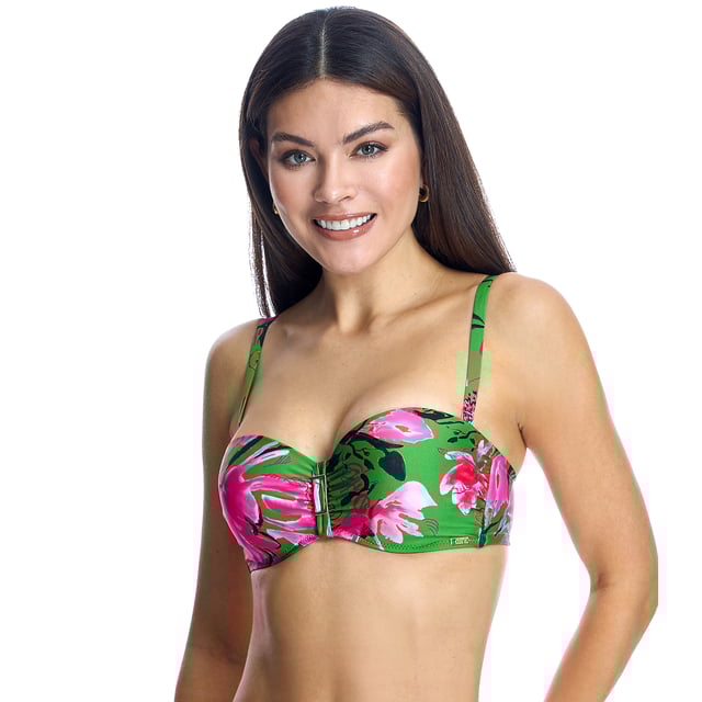 Women's underwired bikini bra W240746

 It has an underwire cup to offer greater support and definition of the silhouette.
 The underwire cup design helps enhance and shape the bust.

 It has removable straps that can be removed so that no marks are left from the sun.
 The option to remove the straps allows for versatility in the look and comfort.

 It has a hook closure in the back for a custom and secure fit.
 The back hook closure makes it easy to put on and adjust the bra.

 Cutting-edge fabric with high shaping power, high resistance to chlorine, tanning creams and oils and excellent moisture absorption properties.
 Composition: Outer lining: 80% Polyamide, 20% Elastane.
 Inner lining: 41% Polyamide, 34% Elastane, 25% Lycra.
 Cup: 100% Polyester.
 Care:
Handwash.
 Do not use bleach.
 Do not use dryer.
 Do not iron.
 Do not dry clean.
 Do not squeeze.