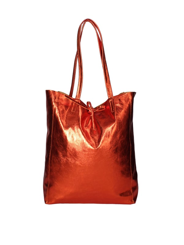 Bolso shopper para mujer. El cierre es con cordón de piel. Los bolsillos internos son uno con cremallera. Los bolsillos externos están ausentes. Falta la correa para el hombro. El mango es de piel. Hay un compartimento interno. El material exterior es piel auténtica laminada. Internamente está forrado en tejido 70% algodón - 30% poliéster. Medidas: 40x36x11 cm. Hecho en Italia