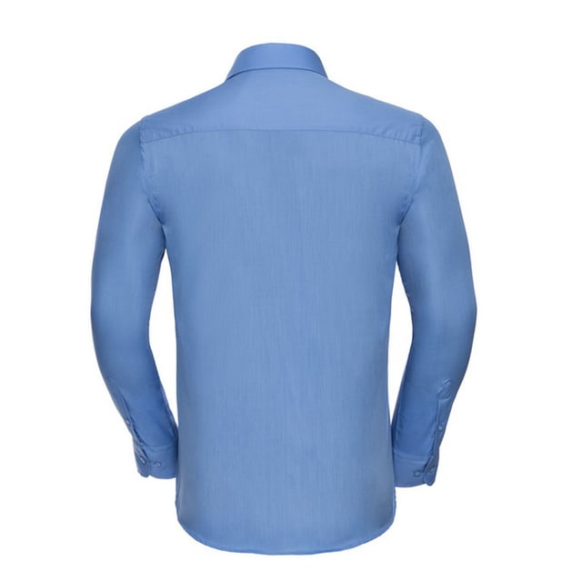 65% Polyester, 35% Cotton. Fabric: Poplin. Design: Plain. Cuff: Adjustable, Double Button. Hem: Curved. Sleeve-Type: Long-Sleeved. Neckline: Semi-Cutaway Boned Collar. Fabric Technology: Lightweight. Back Yoke, Double Folded Seams. Fit: Tailored. 105gsm. Sustainability: Amfori, Better Cotton Initiative, BSCI, Fair Labor Association, Oeko-Tex Standard 100 Certified. Suitable for: Cufflinks, Embroidery.