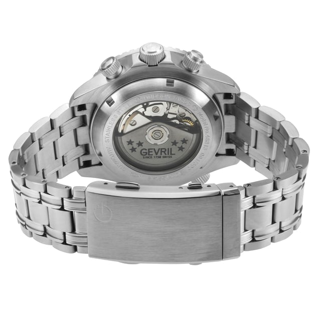 Reloj automático suizo Gevril 48810B para hombres de la colección Hudson Yards Chronograph
Caja de cronógrafo de acero inoxidable satinado y pulido de 43 mm con anillo cerámico plateado/negro, esfera negra, fecha a las 3 en punto
Bisel giratorio unidireccional, válvula de liberación de helio, marcadores luminosos
Fondo de caja transparente, corona roscada
Brazalete de acero inoxidable satinado y pulido 316L con cierre desplegable y extensión de buceo
Cristal de zafiro antirreflectante
Resistente al agua hasta 300 metros / 30 ATM
Movimiento automático suizo SW500.