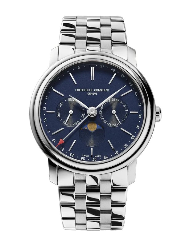 This Frédérique Constant Classics Index Business Timer Multi Dial Watch for Men is the perfect timepiece to wear or to gift. It's Silver 40 mm Round case combined with the comfortable Silver Stainless steel watch band will ensure you enjoy this stunning timepiece without any compromise. Operated by a high quality Quartz movement and water resistant to 5 bars, your watch will keep ticking. This high quality watch comes with classic colours will go great with any outfit . It enables you to easily spice up a normal outfit and add style to your life. This Multi Dial watch has a calendar function: Day-Date, Swiss Made and Moonphase High quality 21 cm length and 22 mm width Silver Stainless steel strap with a Deployment clasp Case diameter: 40 mm,case thickness: 10 mm, case colour: Silver and dial colour: Blue