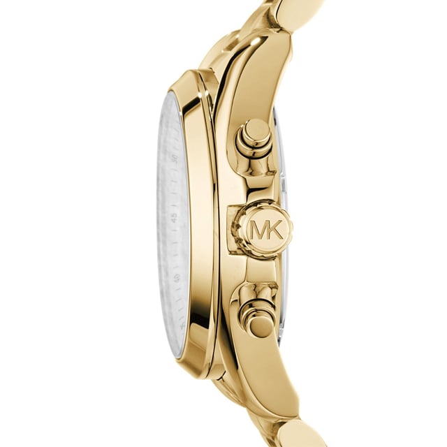 This Michael Kors Bradshaw Chronograph Watch for Women is the perfect timepiece to wear or to gift. It's Gold 44 mm Round case combined with the comfortable Gold Stainless steel watch band will ensure you enjoy this stunning timepiece without any compromise. Operated by a high quality Quartz movement and water resistant to 10 bars, your watch will keep ticking.