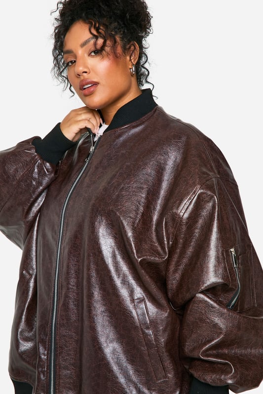 Plus Cracked Faux Leather Oversized Bomber Jacket boohoo PlusYou’ll find full on fashion for the fuller figure with the boohoo Plus range. Delivering directional designs for UK sizes 16 to 24, this ultra-flattering collection combines perfectly proportioned fits with statement styles so that you can stay on top of this season’s trends.