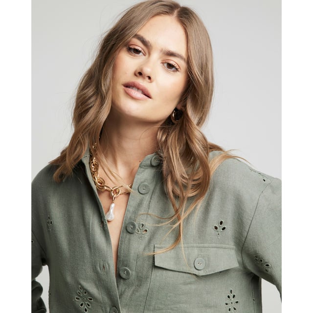 River Island Womens Shirt Khaki Linen Blend Broderie Detail