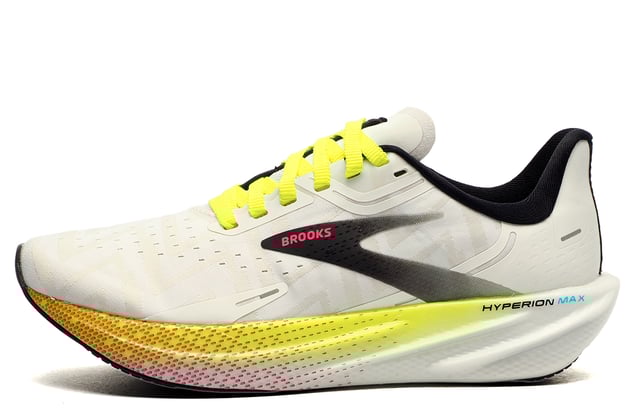 Featuring rapid roll technology that propels you forward for effortless transitions and a substantial, nitrogen infused midsole that returns energy to your stride whilst absorbing impact, the Books Hyperion Max is a responsive running shoe crafted to adapt to your movement and boost your running potential.
 Enhancing this high-performance design is a durable rubber outsole for optimal traction no matter where you are running ensuring protection wear after wear. 
 Finishing the shoes is an engineered breathable mesh upper, ventilating the foot throughout those long-distance runs ensuring feet stay cool and comfortable. 
 - Breathable textile upper
 - Nitrogen-infused DNA FLASH midsole
 - Durable rubber outsole with optimal traction 
 - Rapid Roll technology for fast transitions 
 - Comfort cushioned insole 
 - Secure lace fastening
 - Padded heel and ankle collar
 - Brooks branding