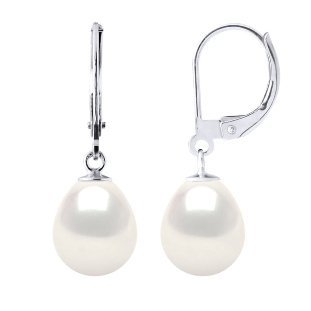 Earrings in White Gold 375 and Real Cultured Freshwater Pearls Pear 9-10 mm - COLOR NATURAL PEARL WHITE - Leverback Clasp - Delivered with Certificate of Authenticity and International Guarantee - MADE IN FRANCE