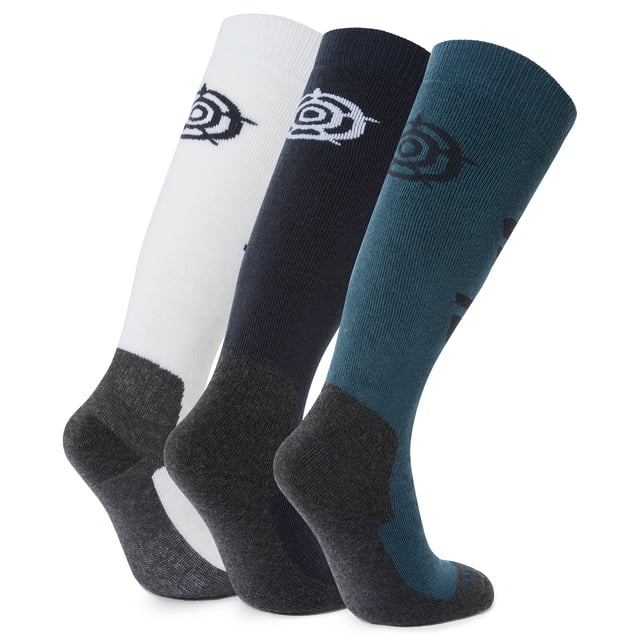 Bergenz 3 Pack Womens Ski Socks Dark Indigo/Optic White/Jewel Blue Our Bergenz Ski Socks are designed to be the perfect ski sock for anybody, no matter their level of ski expertise. Made from an ultra comfy merino blend, these socks have comfort at their core. Key sections of the sock are cushioned to prevent blistering and discomfort on the skin, keeping the cushioning focussed on key, high-contact, parts of the foot and shin stops these socks being too heavy and cumbersome, ensuring great flexibility on the slopes. Re-inforced heel and toe areas offer additional protection and non-slip cuff grips keep your socks where you need them to be. These 3 Packs give you 3 pairs of socks in a range of colours, so you can look as good as you feel.