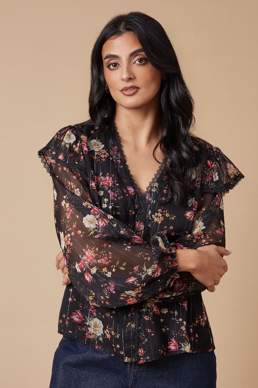 Floral Metallic Chiffon Lace Trim Ruffle Sleeve Blouse