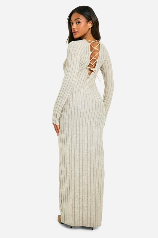 Wide Rib Tie Back Long Sleeve Maxi Dress