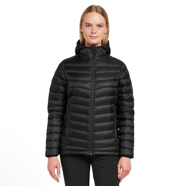 The Peter Storm Loch Down Jacket is an insulated layer that uses duck down and has a Durable Water Repellent nylon Ripstop shell. Conveniently packable, packing down to pocket size this is a winter layer you'll want to take everywhere.Created using 100% nylon Ripstop outer fabric, the women's Lock Down Jacket uses a PFC-free DWR coating to keep you dry during wet conditions. Its insulation is a high-quality 90/10 duck down with 650 fill power. Combined with a stitch-through baffle construction, this jacket is crafted with trapping warm air in mind. To further ensure you stay at a suitable temperature it features an elastane-bound hood, adjustable hem, elastane-bound cuffs and two zipped hand warmer pockets. Finally, the Loch Down packs down to pocket size meaning it takes up minimal room in your pack and can even be carried in your pocket. - Lightweight down jacket - Ripstop outer fabric with PFC-free DWR - 159.5g (size large) of 90/10 650 fill power down - Stitch through baffle construction - Slim fit - Elastane bound hood - Reverse coil centre front zip with internal zip guard - 2 x zipped hand warmer pockets - Elastane bound cuffs - Adjustable hem - Packs into hand pocket - Fabric: 100% Polyamide