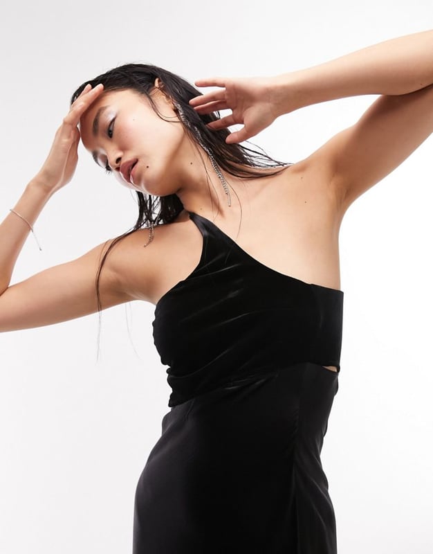 Topshop one shoulder velvet and satin cut out midi dress in black