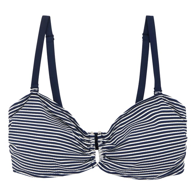 85% Polyester, 15% Elastane. Design: Seeksucker, Striped. Fastening: Clasp. Neckline: Sweetheart. Adjustable Shoulder Strap, Metal Detail, Multiway. Fabric Technology: UV Protection. Sustainability: Made from Recycled Materials. Sun Rating: UPF 50+.